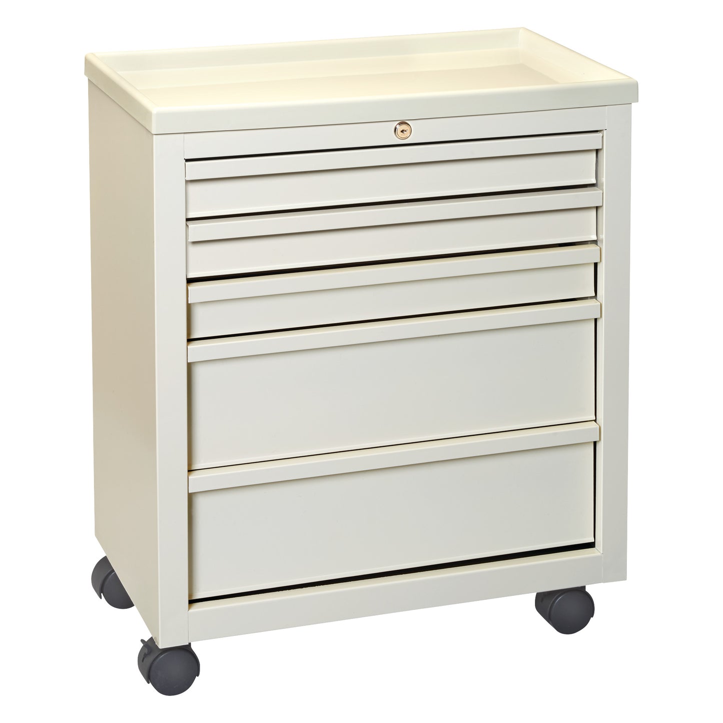 The AliMed Economy Medical Cart is a beige storage cart with five drawers and four wheels, featuring a simple locking mechanism.