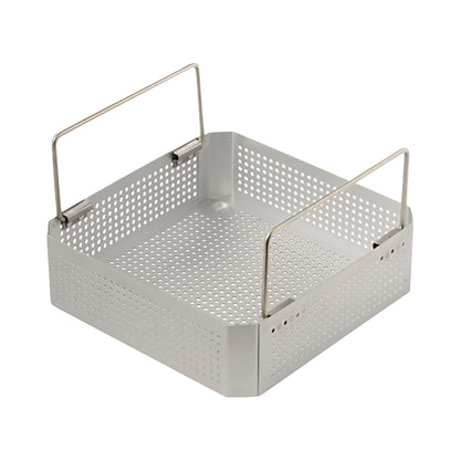 Metal perforated half-size inner tray for SteriSet containers, featuring folding handles on two sides for easy handling.