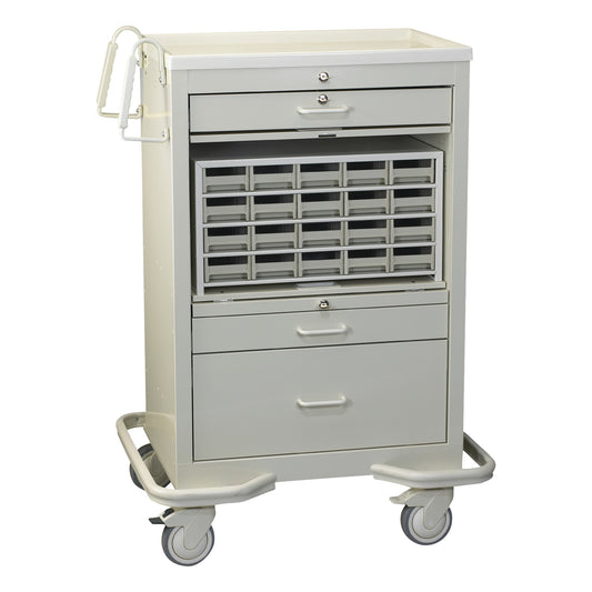 AliMed Medication Cart with Key Lock, featuring drawers, multiple compartments, and wheels for mobility, is displayed in a plain setting.