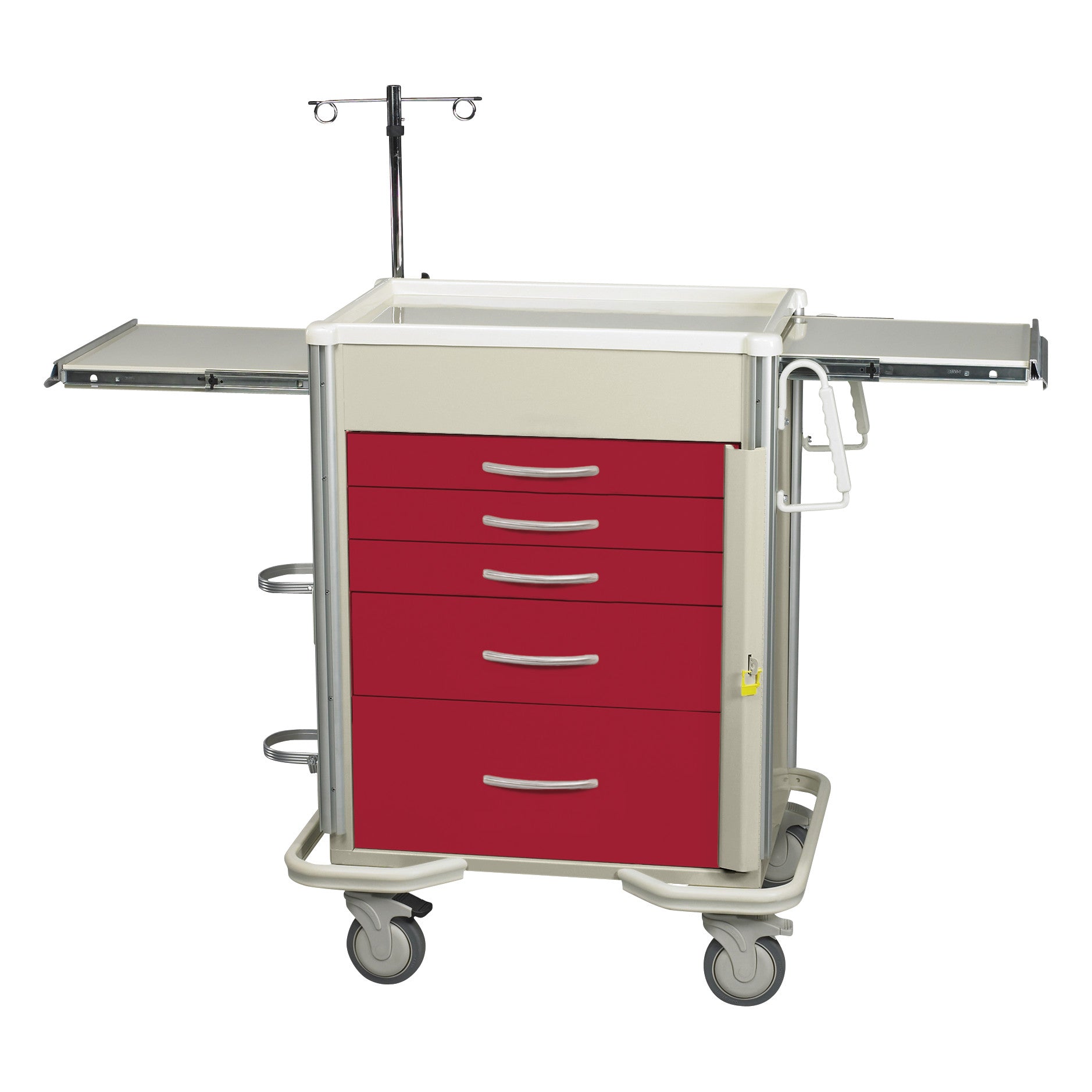 Accessory Packages for AliMed Select Series Emergency Medical Carts featuring six red drawers, side trays, and an IV pole on wheels.