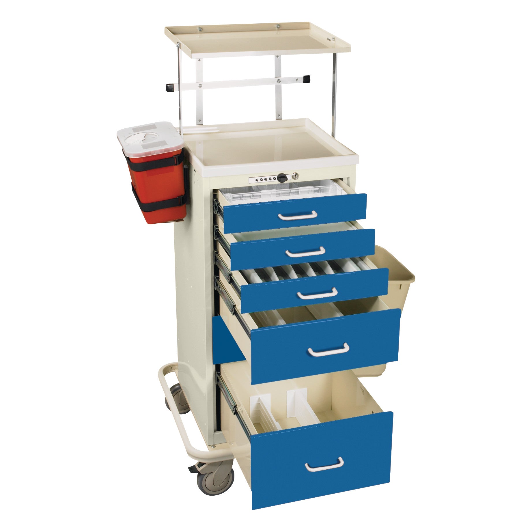 Accessory Package for AliMed Mini Series Anesthesia/Anesthesia Tower Carts with blue drawers, a red container, and wheels.