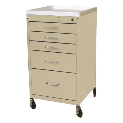 AliMed Quick Ship Mini Series 5-Drawer Cart with Key Lock, featuring four small and one large drawer, and four caster wheels.