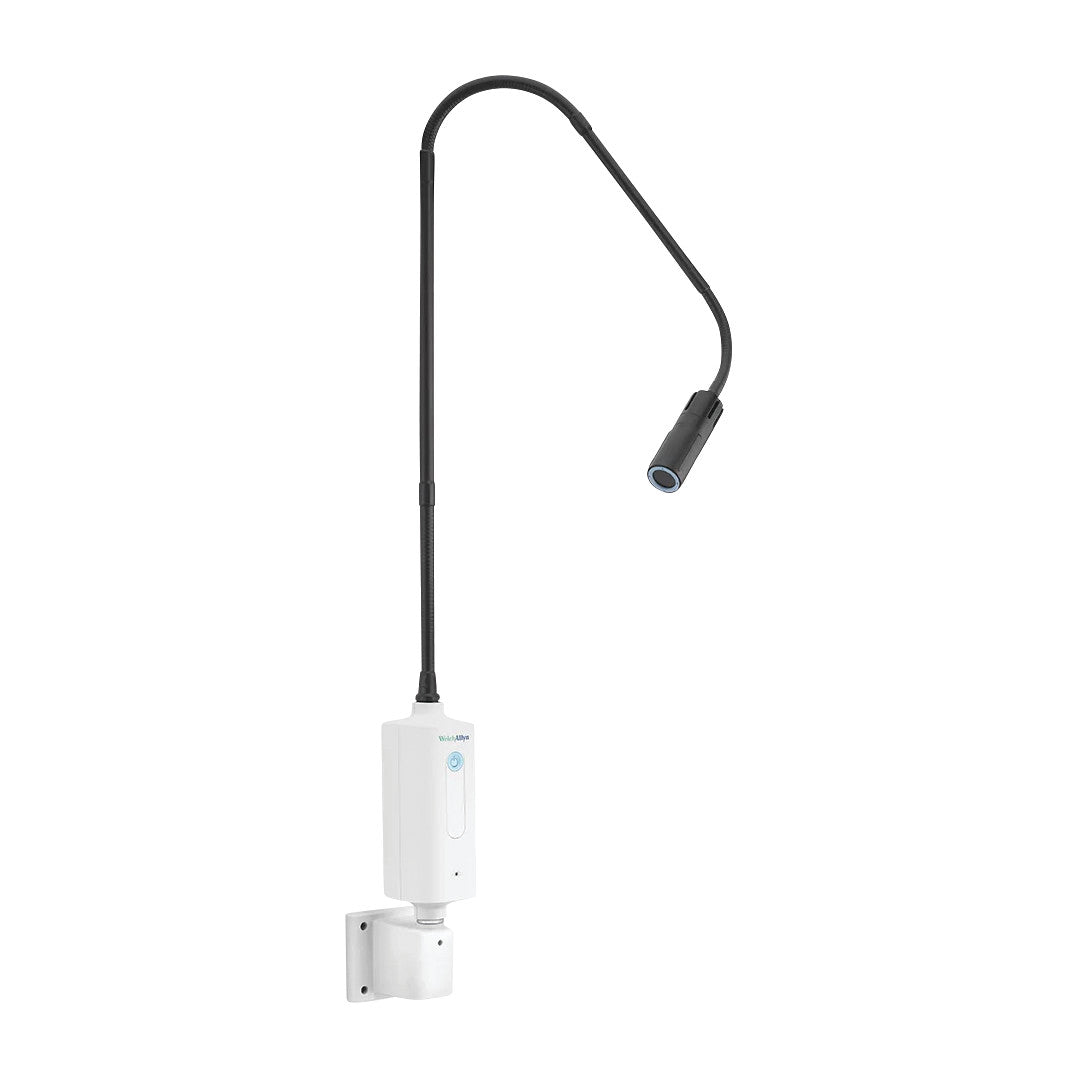 Welch Allyn Green Series Exam Light IV, a wall-mounted exam light with a flexible, adjustable black neck and white base.