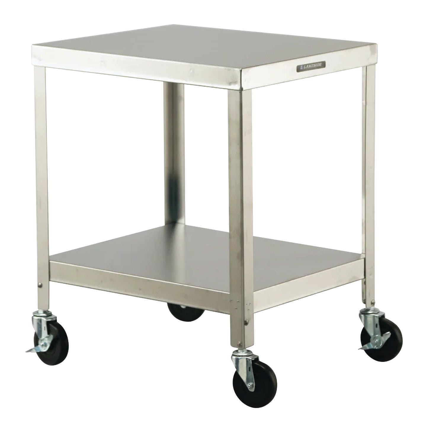 The image features a Lakeside Heavy-Duty Mobile Machine Stand, a two-shelf stainless steel cart with four swivel casters for mobility.