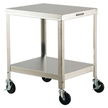 A Lakeside Heavy-Duty Mobile Machine Stand with stainless steel shelves and four caster wheels for easy mobility.