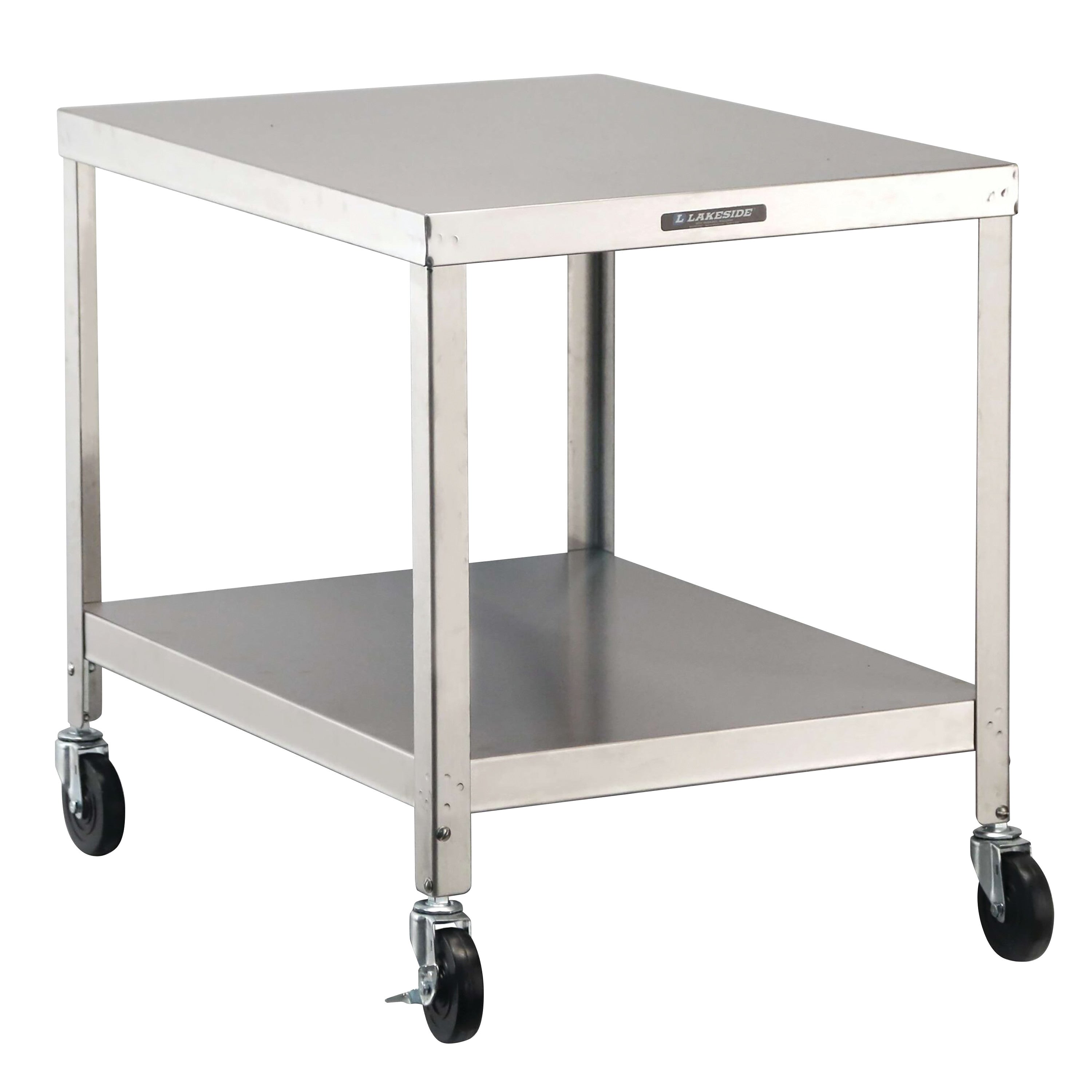 A stainless steel Lakeside Heavy-Duty Mobile Machine Stand with a lower shelf and four caster wheels for mobility.