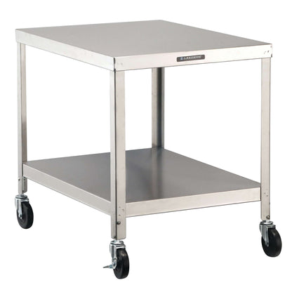 A stainless steel Lakeside Heavy-Duty Mobile Machine Stand with a lower shelf and four caster wheels for mobility.