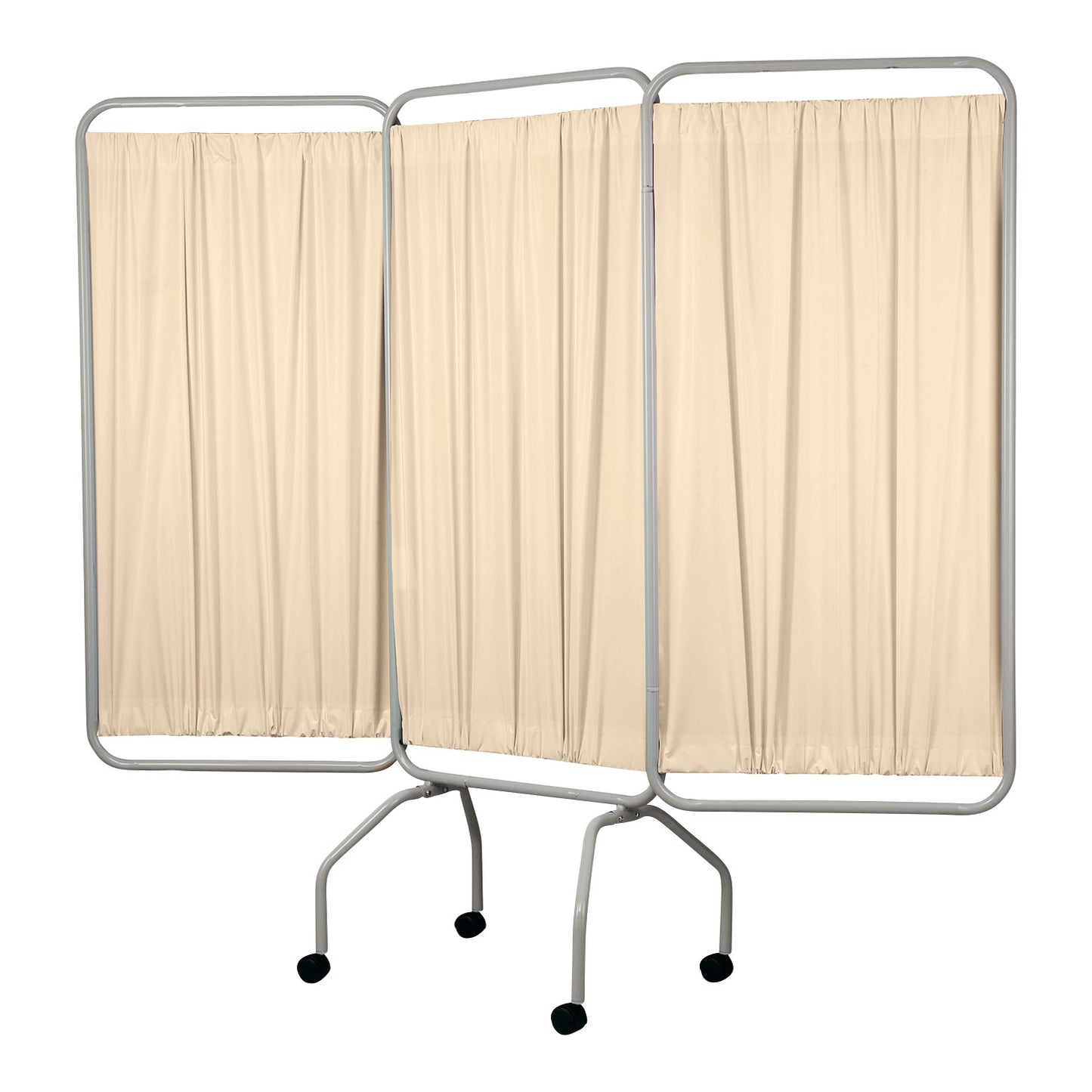 The Champion Privess Basic Three-Panel Privacy Screen features beige curtains on a metal frame with wheels for easy mobility.