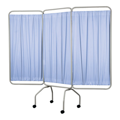Champion Privess Basic Three-Panel Privacy Screen with blue curtains on a metal frame, featuring wheels for mobility.