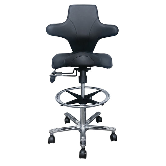 A black Brandt Industries Sonography Chair with adjustable backrest, chrome foot ring, and five-wheel base for mobility.
