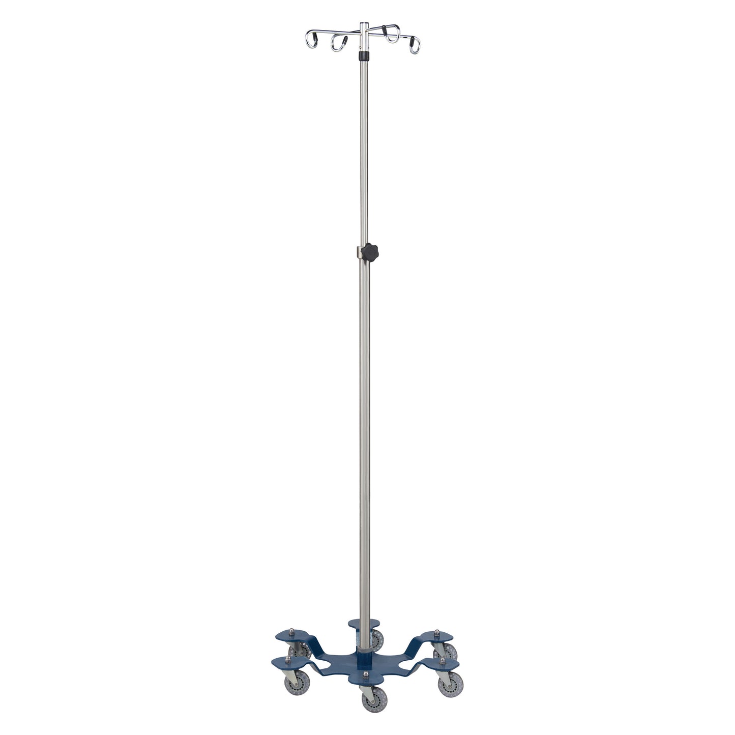 The Blickman Six-Leg IV Stand is a medical IV stand with a silver pole, multiple hooks, and six wheels for stability and mobility.