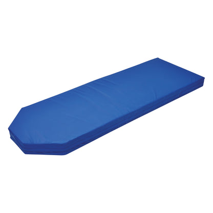 The stretcher surface is a blue, rectangular, padded cushion with a tapered end, designed for patient stretchers.