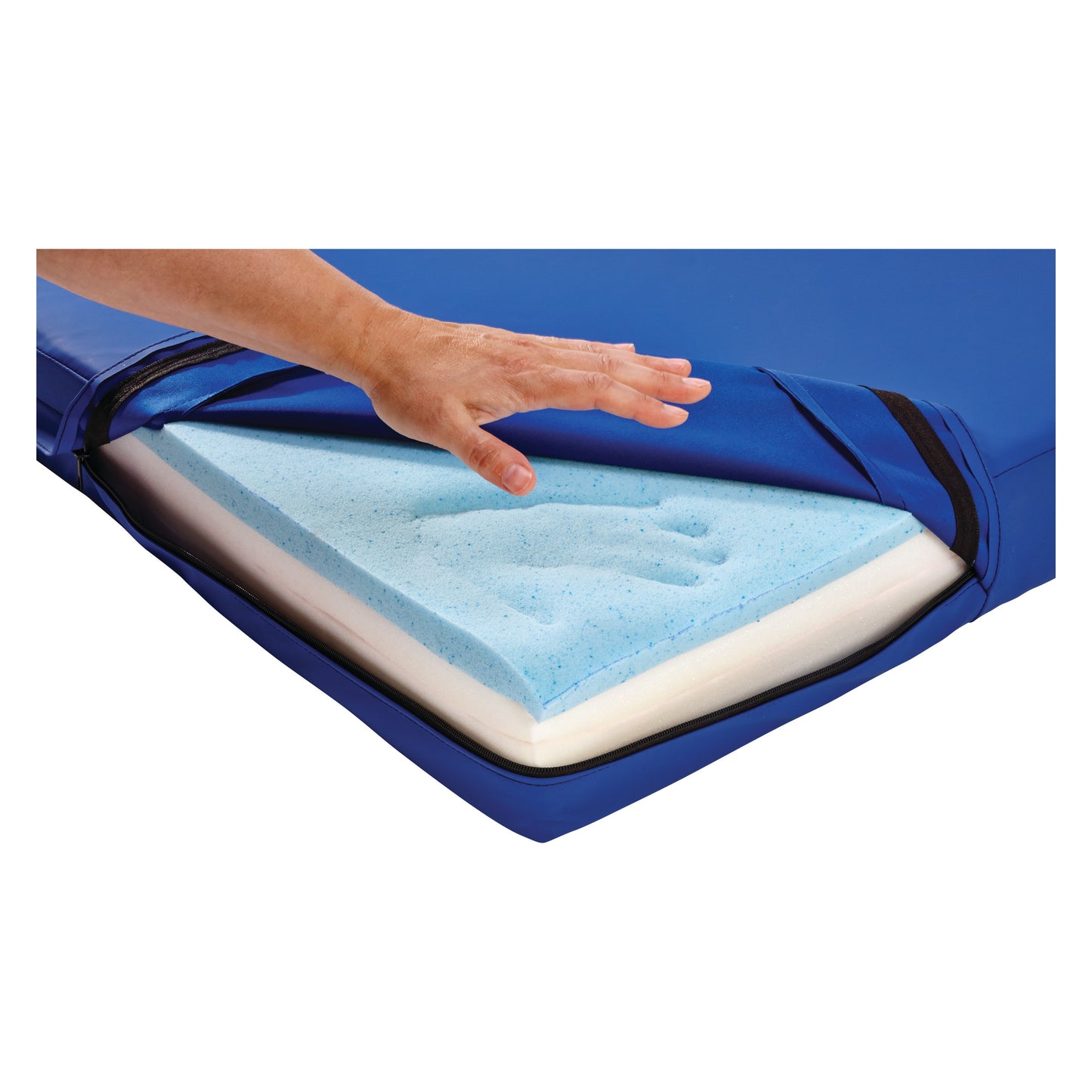 A hand lifts the blue cover of the Protekt Ultra Comfort Stretcher Surface, revealing layered blue and white foam inside.
