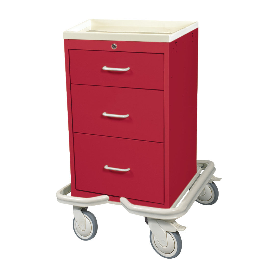 Red AliMed Mini Series 3-Drawer Isolation Tower Cart with Key Lock, featuring a white top and four caster wheels.