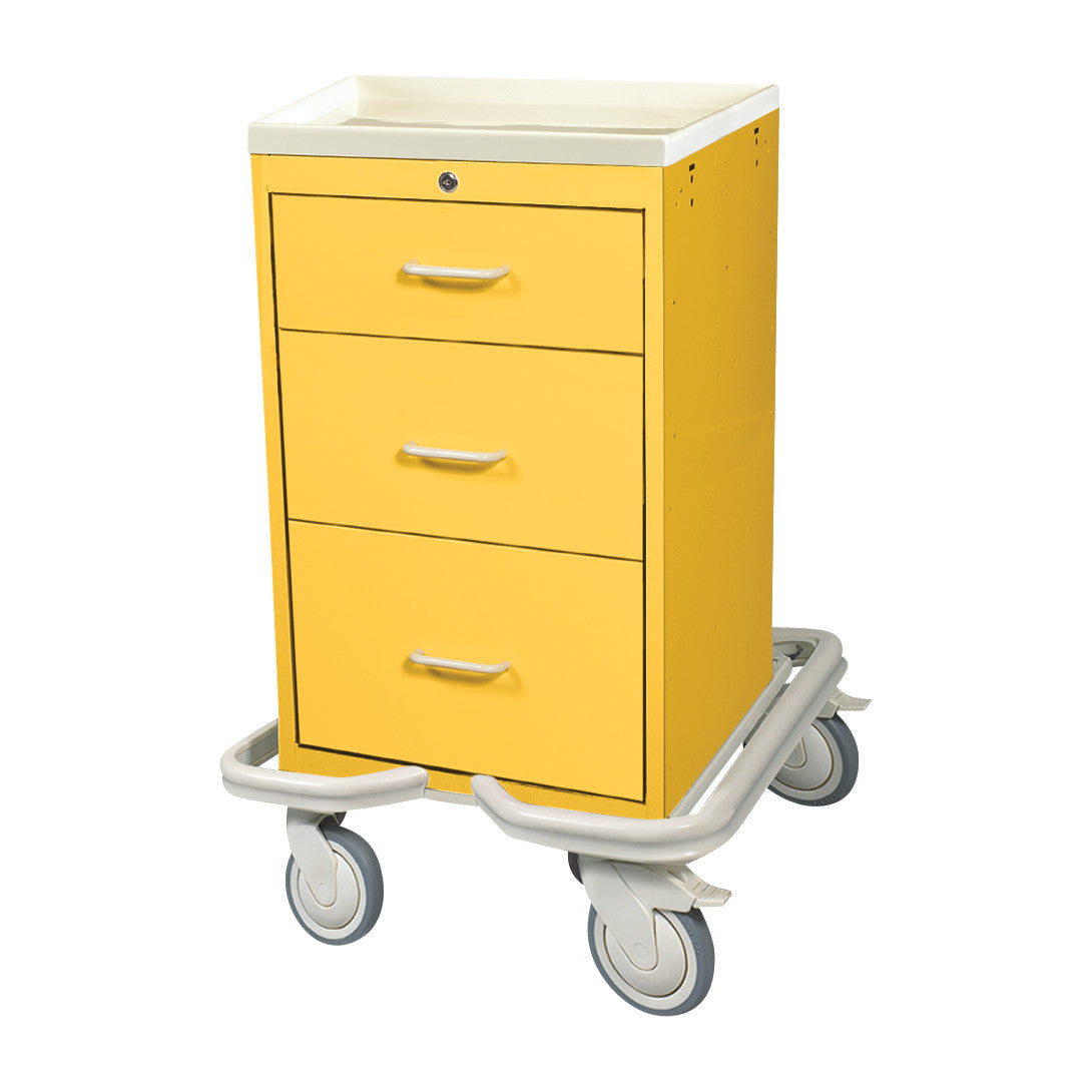 AliMed Mini Series 3-Drawer Isolation Tower Cart with Key Lock, featuring a yellow body, three drawers, and swivel casters.