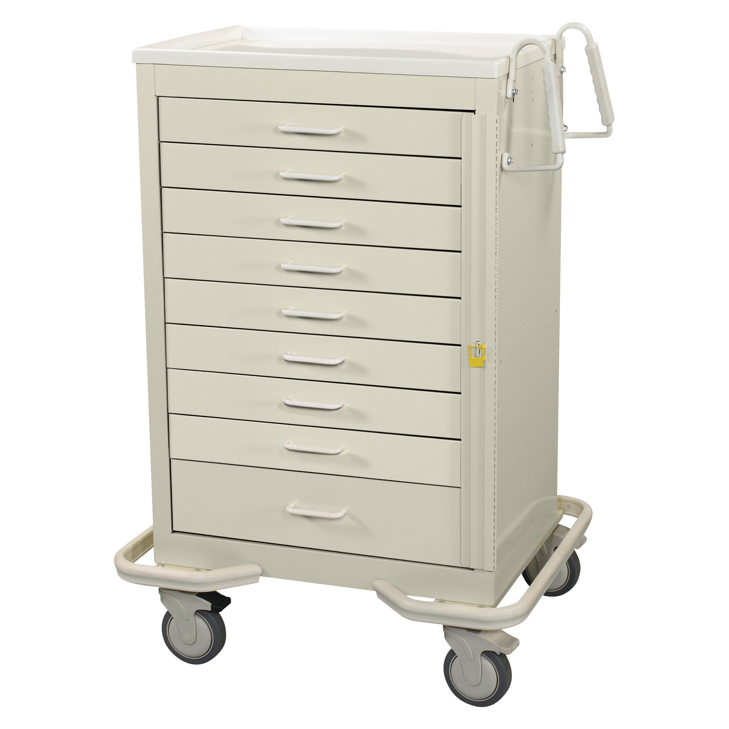 AliMed Standard Series 9-Drawer Emergency Cart with wheels and a side handle, featuring a lockable, beige design.