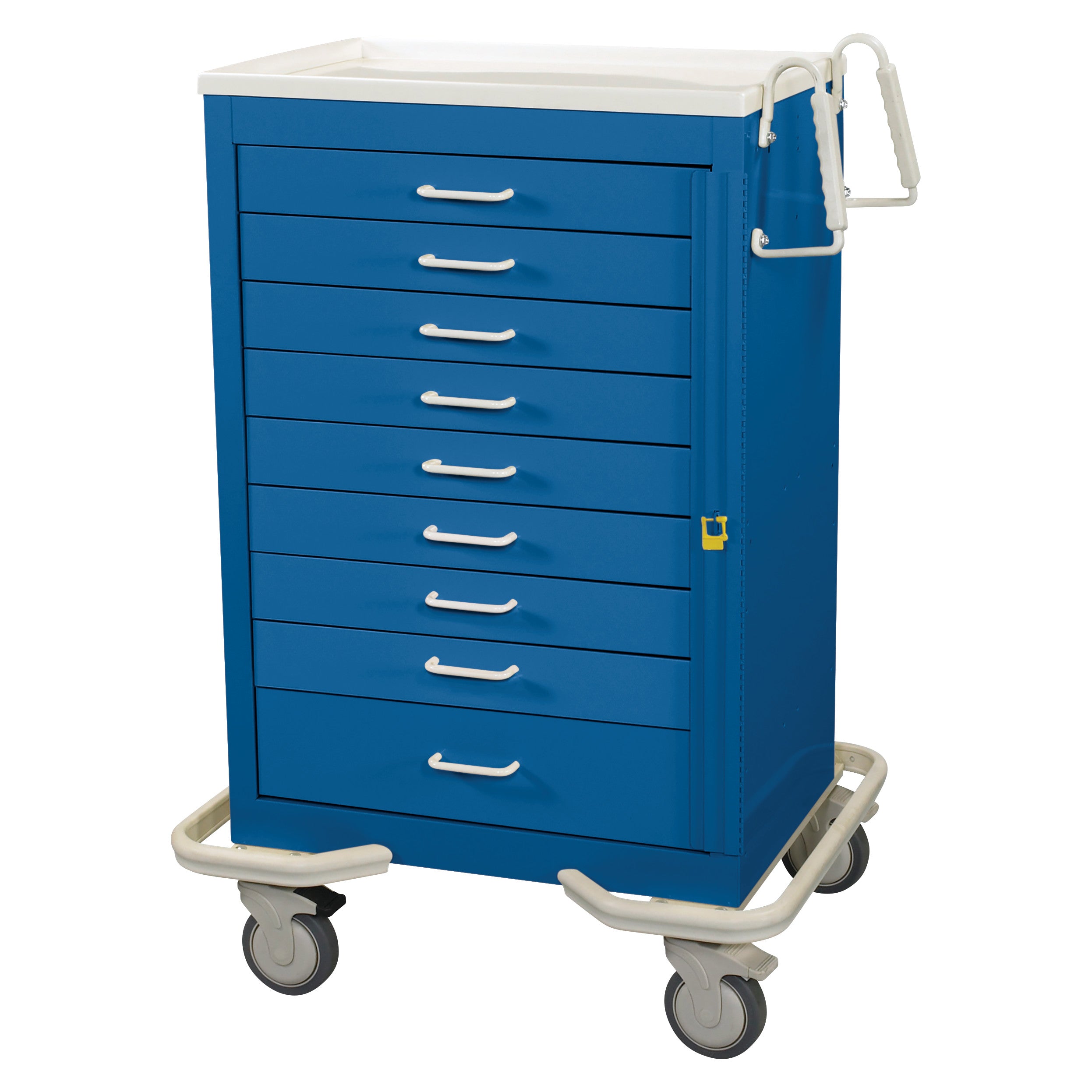 AliMed Standard Series 9-Drawer Emergency Cart, blue with white handles, features wheels and a side handle for mobility.