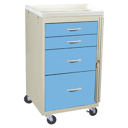 AliMed Mini Series 4-Drawer Emergency Cart with blue drawers, beige frame, and four wheels for mobility.