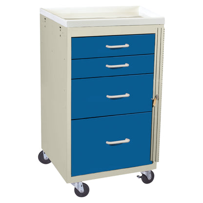AliMed Mini Series 4-Drawer Emergency Cart with blue drawers, beige frame, and four wheels, featuring a locking mechanism.