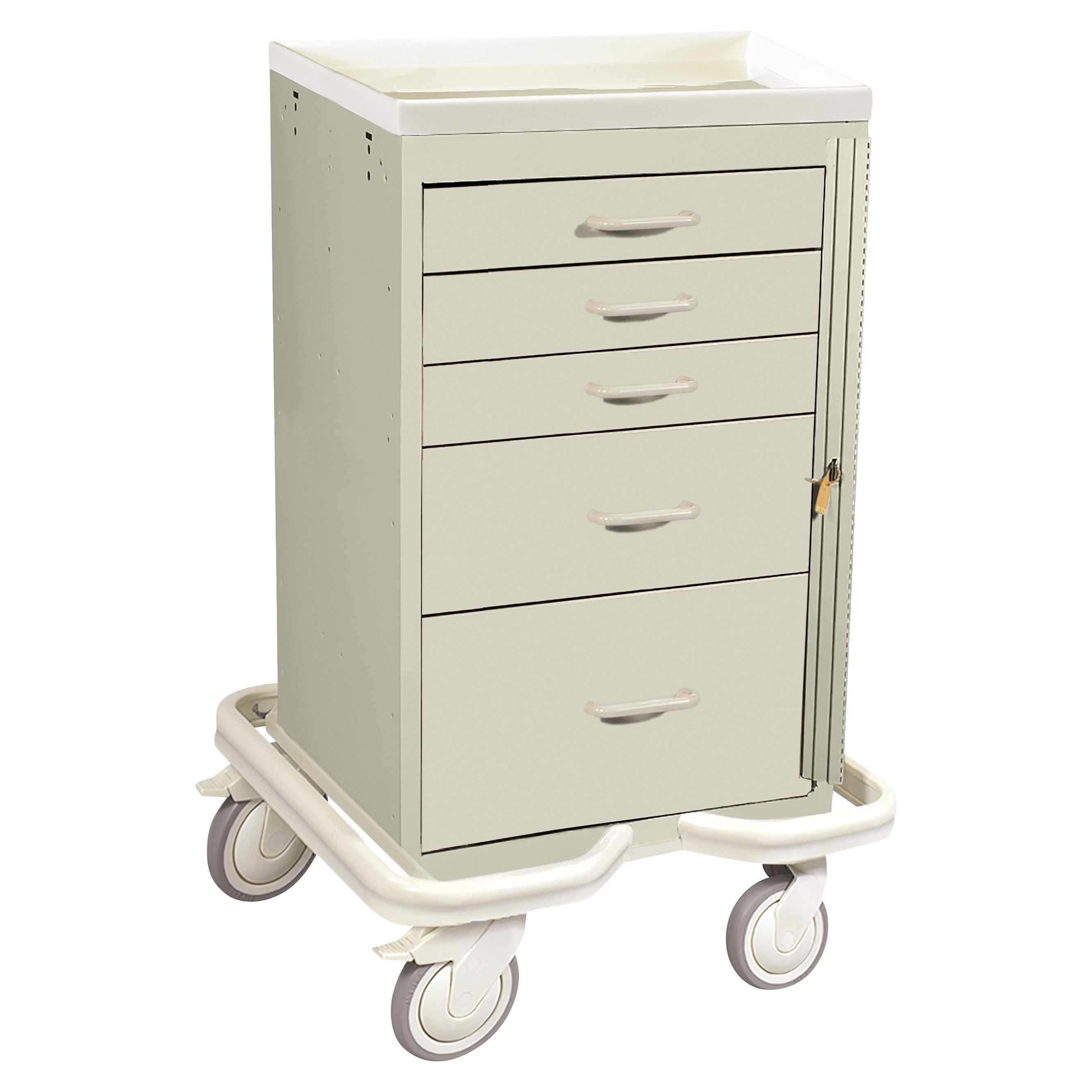 The AliMed Mini Series 5-Drawer Emergency Tower Cart is a mobile unit with five drawers, a lockable side compartment, and four wheels.