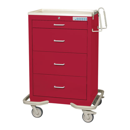 A red AliMed Standard Series 4-Drawer Isolation Cart with Electronic Lock, featuring four drawers and caster wheels.