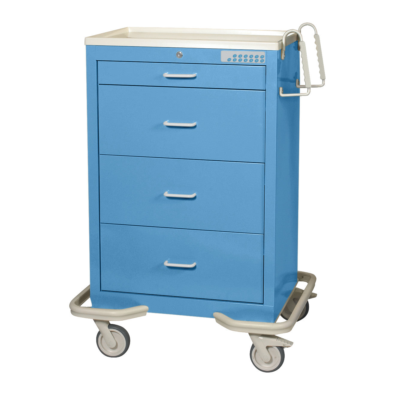 A blue AliMed Standard Series 4-Drawer Isolation Cart with Electronic Lock, featuring wheels and gray handles, is displayed.