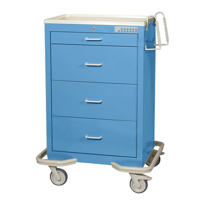 A blue AliMed Standard Series 4-Drawer Isolation Cart with Electronic Lock, featuring wheels and gray handles, is displayed.