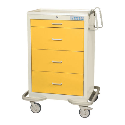 AliMed Standard Series 4-Drawer Isolation Cart with Electronic Lock features a yellow front, four drawers, and wheels for mobility.