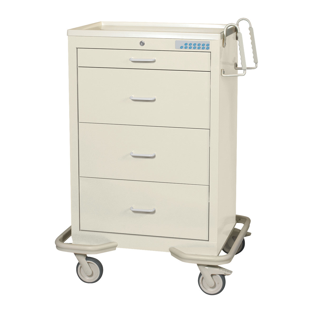 AliMed Standard Series 4-Drawer Isolation Cart with Electronic Lock, featuring four drawers and caster wheels.