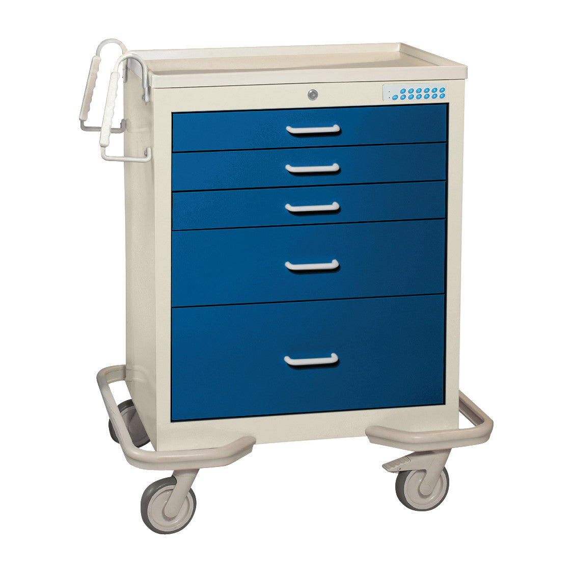AliMed Standard Series 5-Drawer Anesthesia/Procedure Cart with Electronic Lock, featuring blue drawers and wheels for mobility.