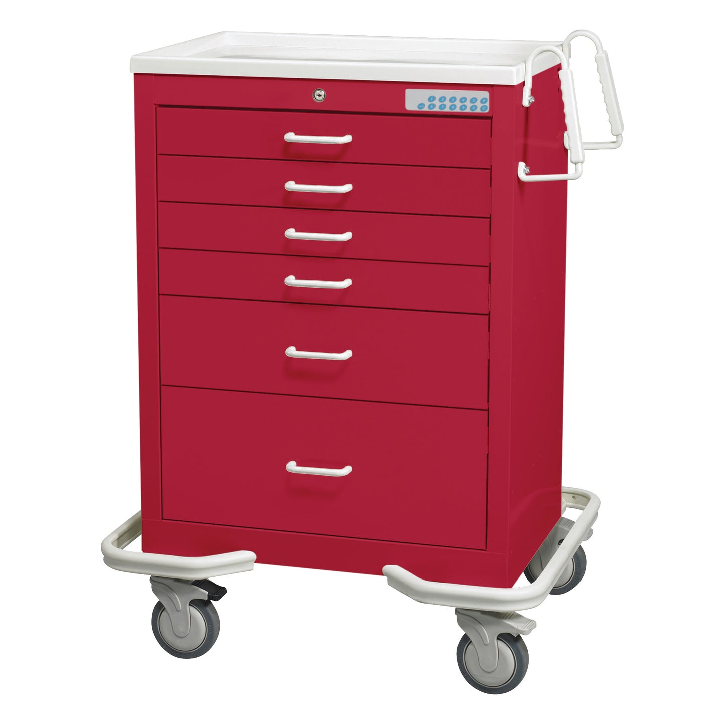 Red AliMed Standard Series 6-Drawer Anesthesia/Procedure Cart with Electronic Lock, 27" drawer space, on wheels with a handle.