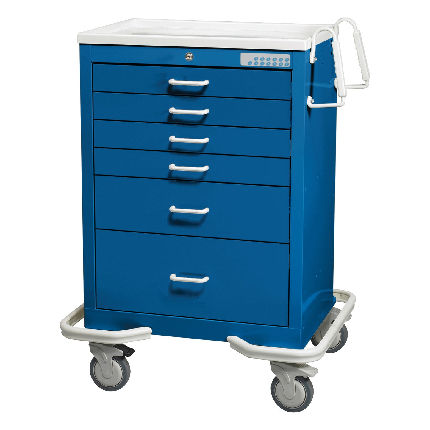 Blue AliMed Standard Series 6-Drawer Anesthesia/Procedure Cart with Electronic Lock, 27" drawer space, and swivel casters.