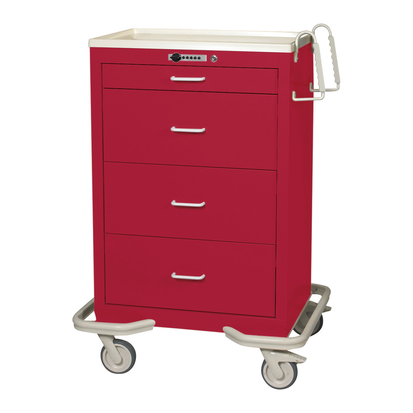 Red AliMed Standard Series 4-Drawer Isolation Cart with Push-Button Lock, featuring white handles and caster wheels.