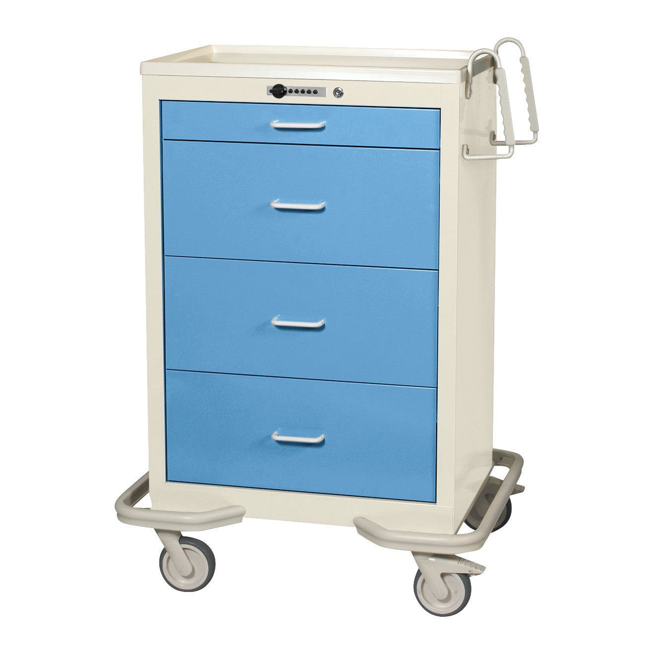 AliMed Standard Series 4-Drawer Isolation Cart with Push-Button Lock, featuring blue drawers, wheels, and a handle for maneuverability.