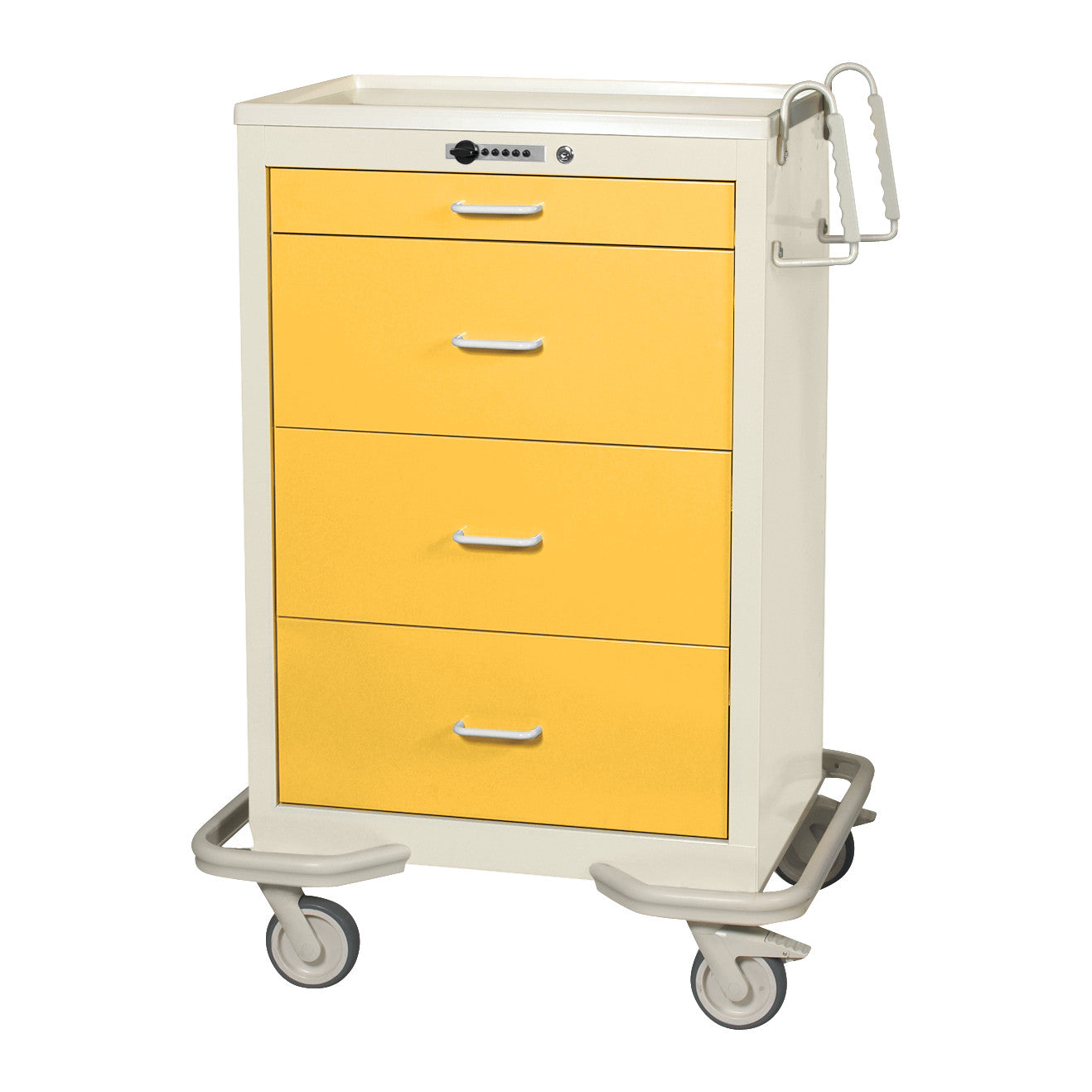 AliMed Standard Series 4-Drawer Isolation Cart with Push-Button Lock, featuring a yellow front and four drawers on four wheels.