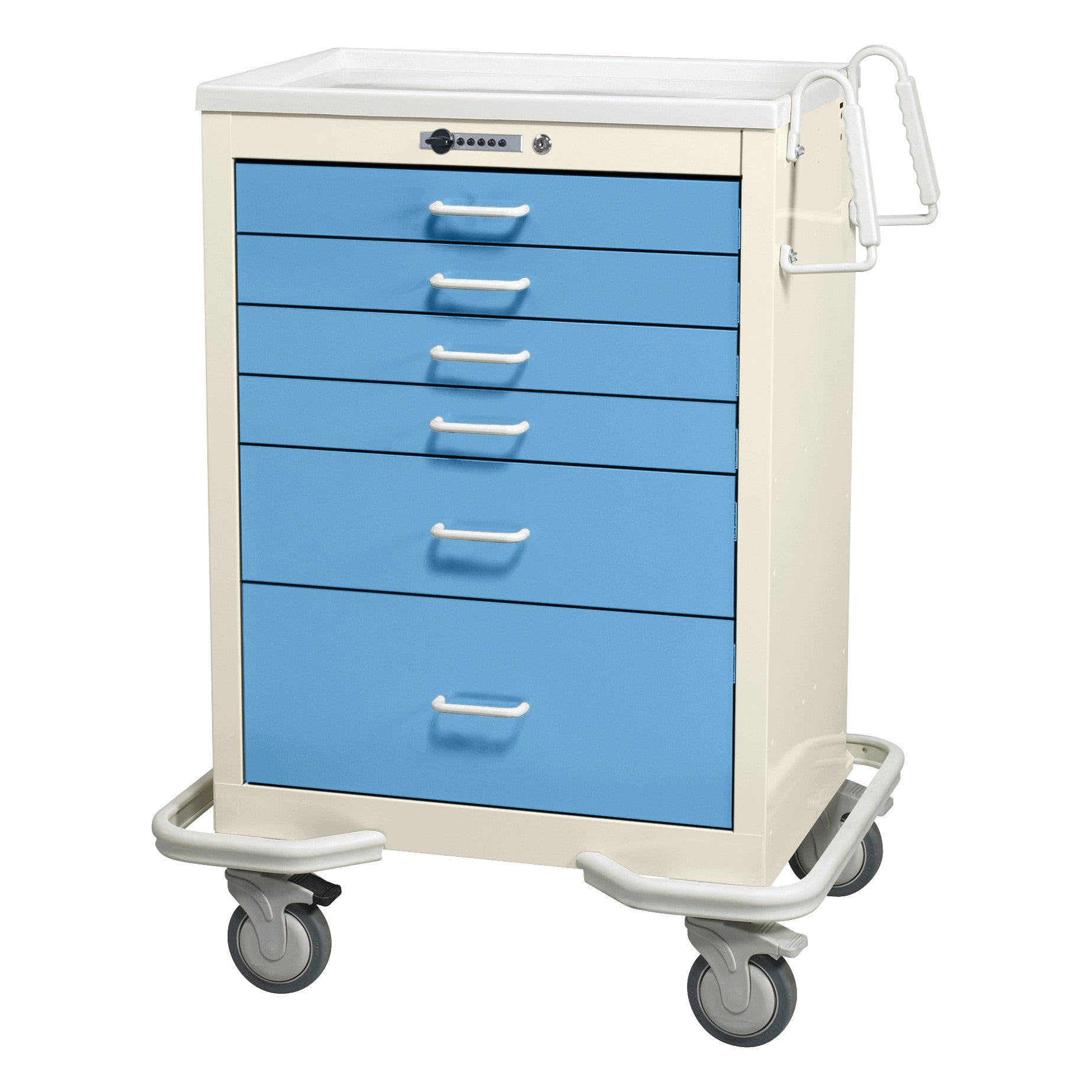 AliMed Standard Series 6-Drawer Anesthesia/Procedure Cart with Push-Button Lock, 27" Drawer Space, featuring blue front panels and four wheels.
