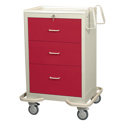 AliMed Standard Series 3-Drawer Isolation Cart with Key Lock features a red front, lockable drawers, and swiveling wheels.
