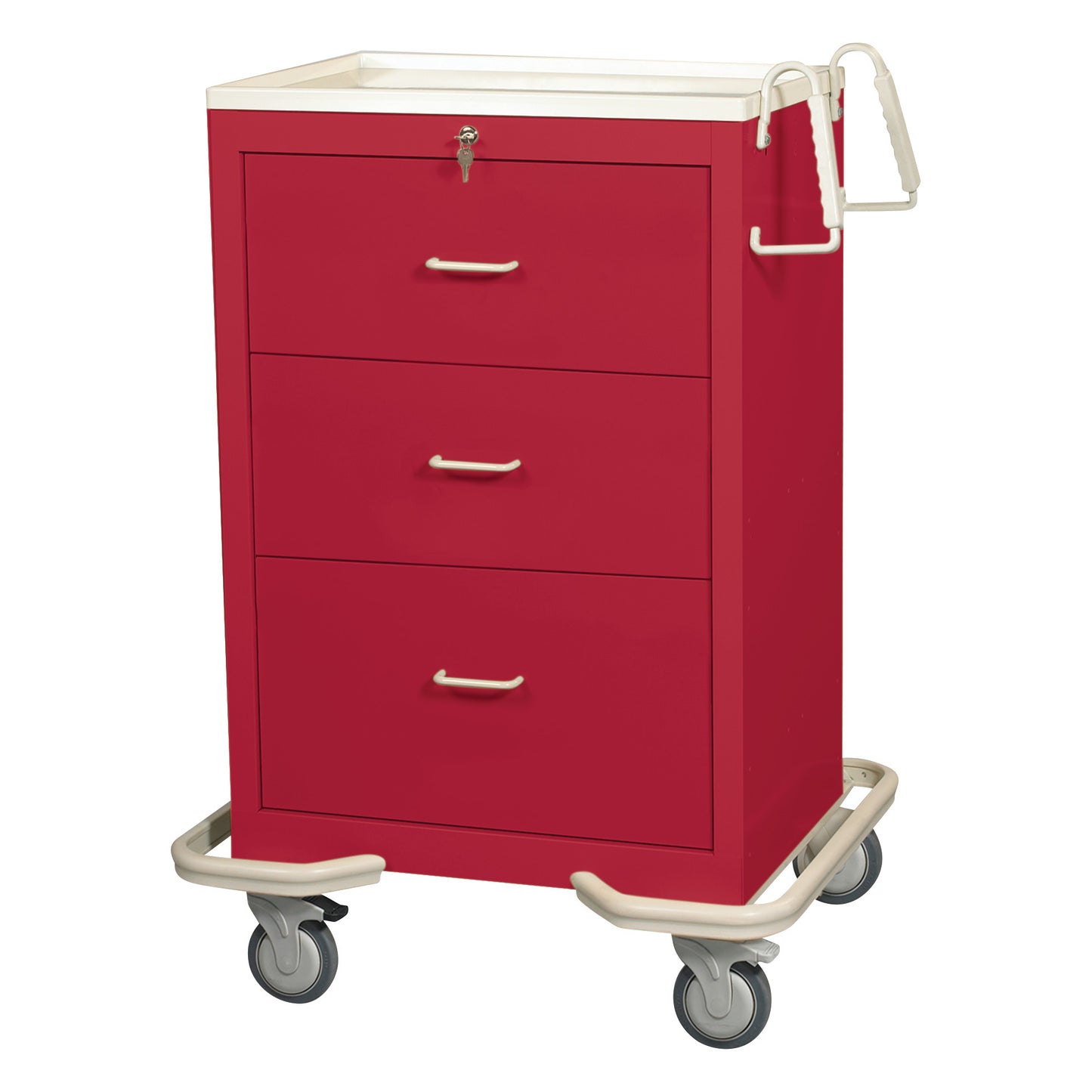 Red AliMed Standard Series 3-Drawer Isolation Cart with Key Lock, featuring handles, wheels, and a locking mechanism on top.