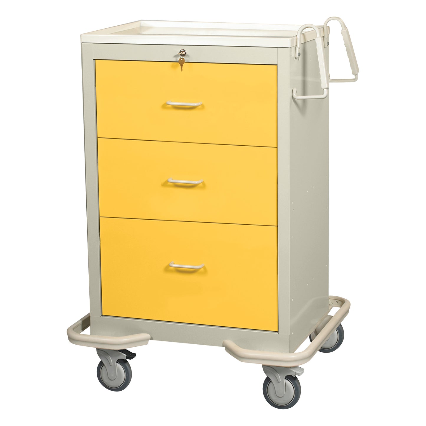 AliMed Standard Series 3-Drawer Isolation Cart with Key Lock, featuring a yellow front, grey frame, and swivel casters.