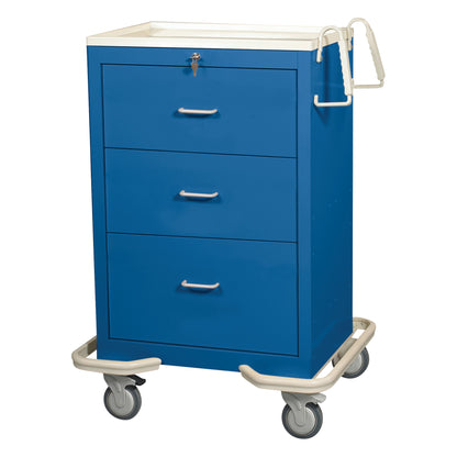 AliMed Standard Series 3-Drawer Isolation Cart with Key Lock, blue, with wheels and handles, featuring a three-drawer design.