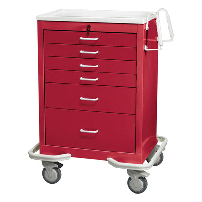 Red AliMed Standard Series 6-Drawer Anesthesia/Procedure Cart with Key Lock, featuring 27" of drawer space and swivel wheels.