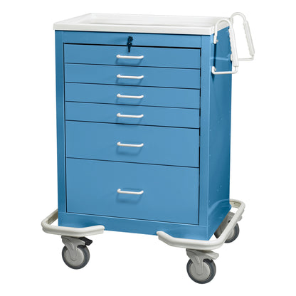 AliMed Standard Series 6-Drawer Anesthesia/Procedure Cart with Key Lock, 27" Drawer Space, blue, with wheels and a handle.