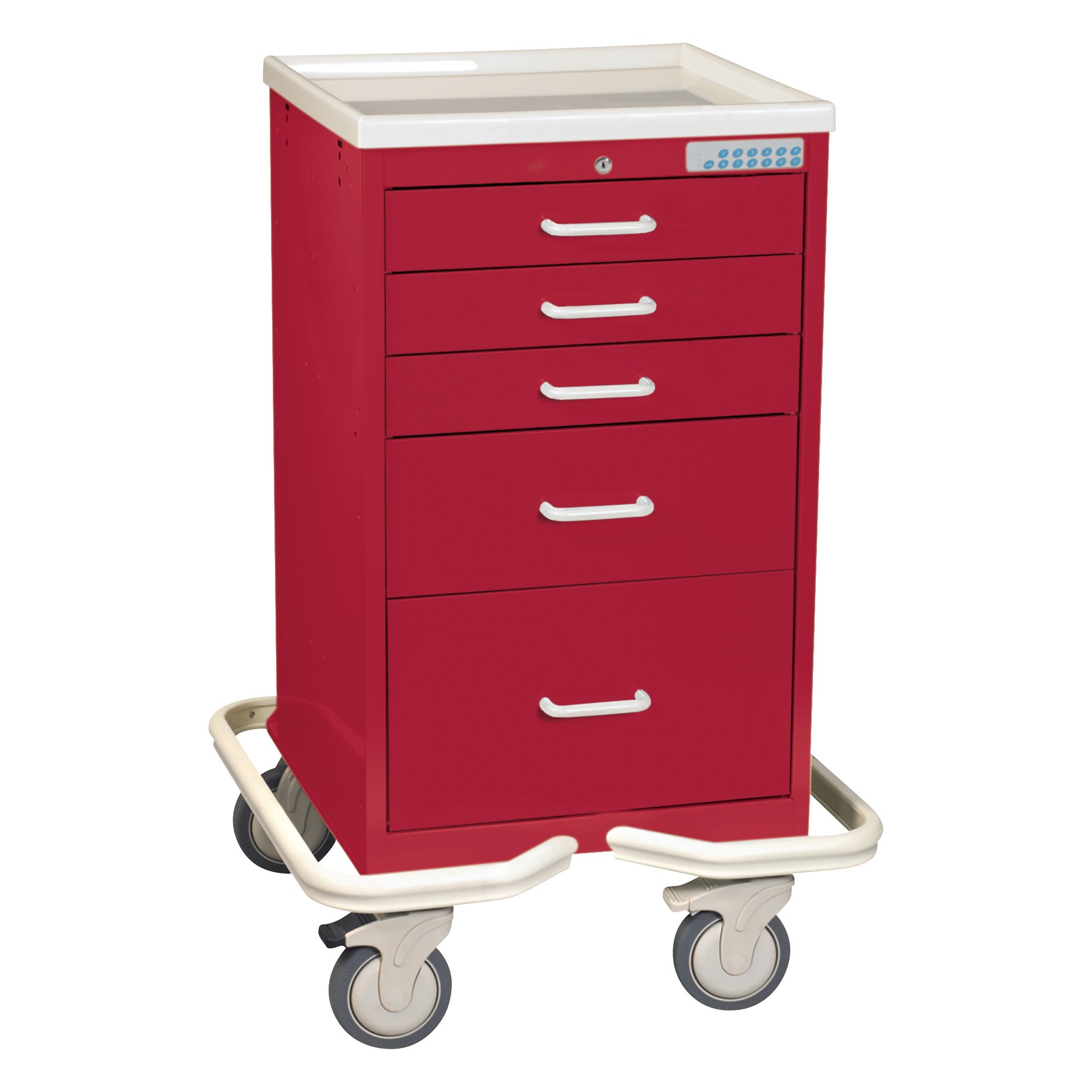 Red AliMed Mini Series 5-Drawer Anesthesia/Procedure Tower Cart with Electronic Lock. It has white handles and four wheels.