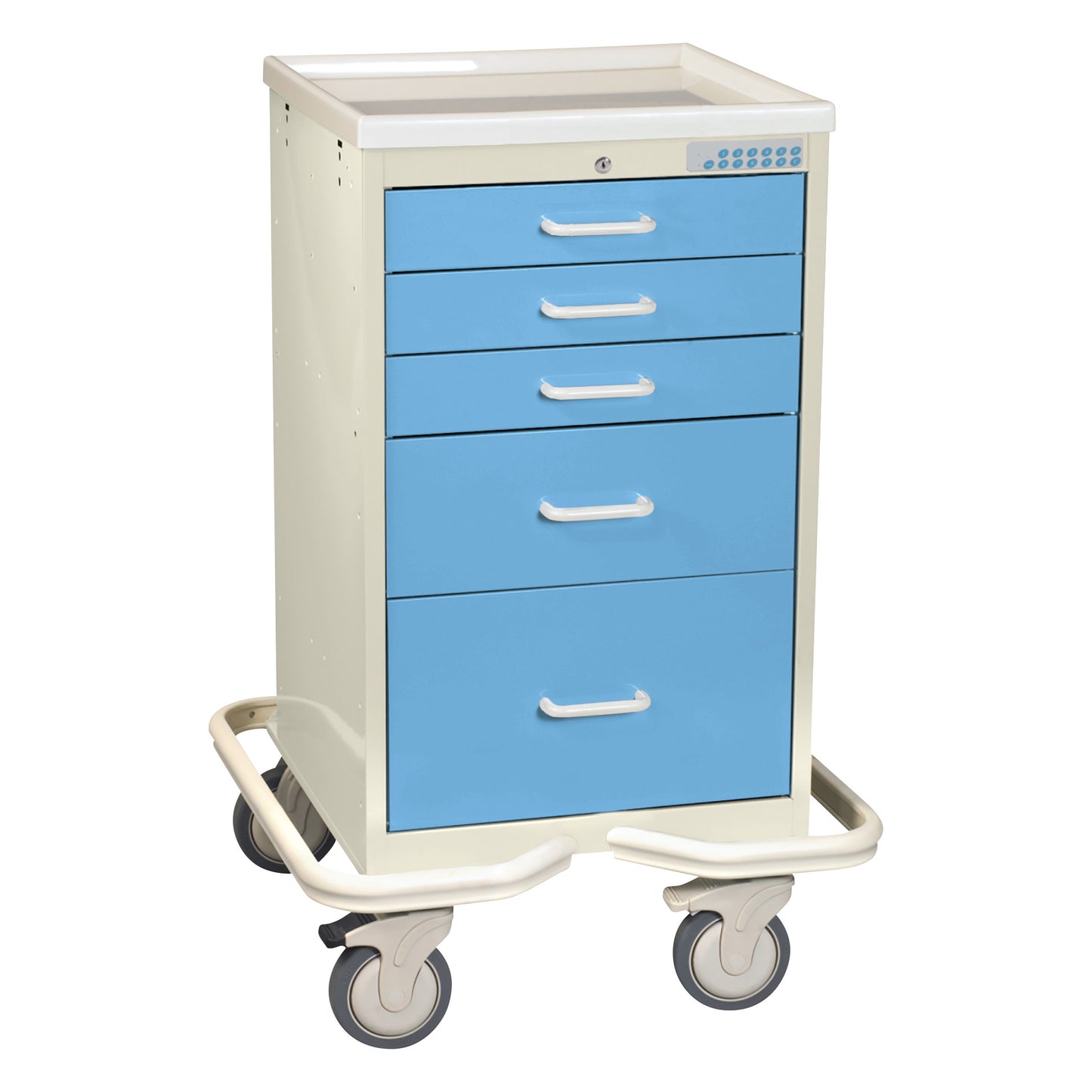 The AliMed Mini Series 5-Drawer Anesthesia/Procedure Tower Cart with Electronic Lock features blue drawers and swivel wheels.