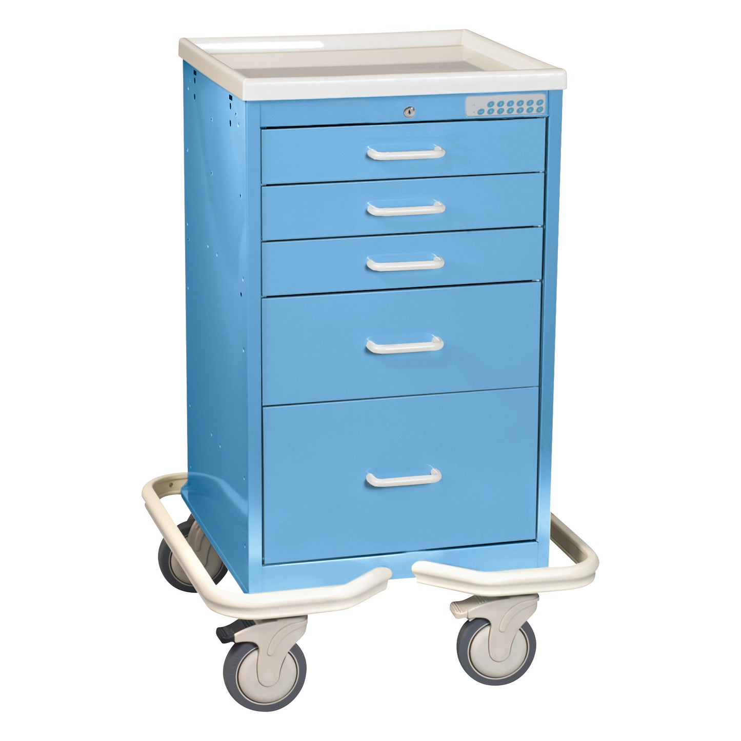 AliMed Mini Series 5-Drawer Anesthesia/Procedure Tower Cart with Electronic Lock, in blue, features five drawers and four wheels.