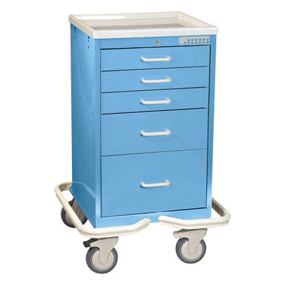 AliMed Mini Series 5-Drawer Anesthesia/Procedure Tower Cart with Electronic Lock, in blue, features five drawers and four wheels.