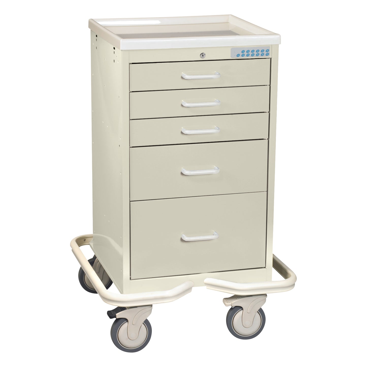 AliMed Mini Series 5-Drawer Anesthesia/Procedure Tower Cart with Electronic Lock features wheels and handles for mobility.