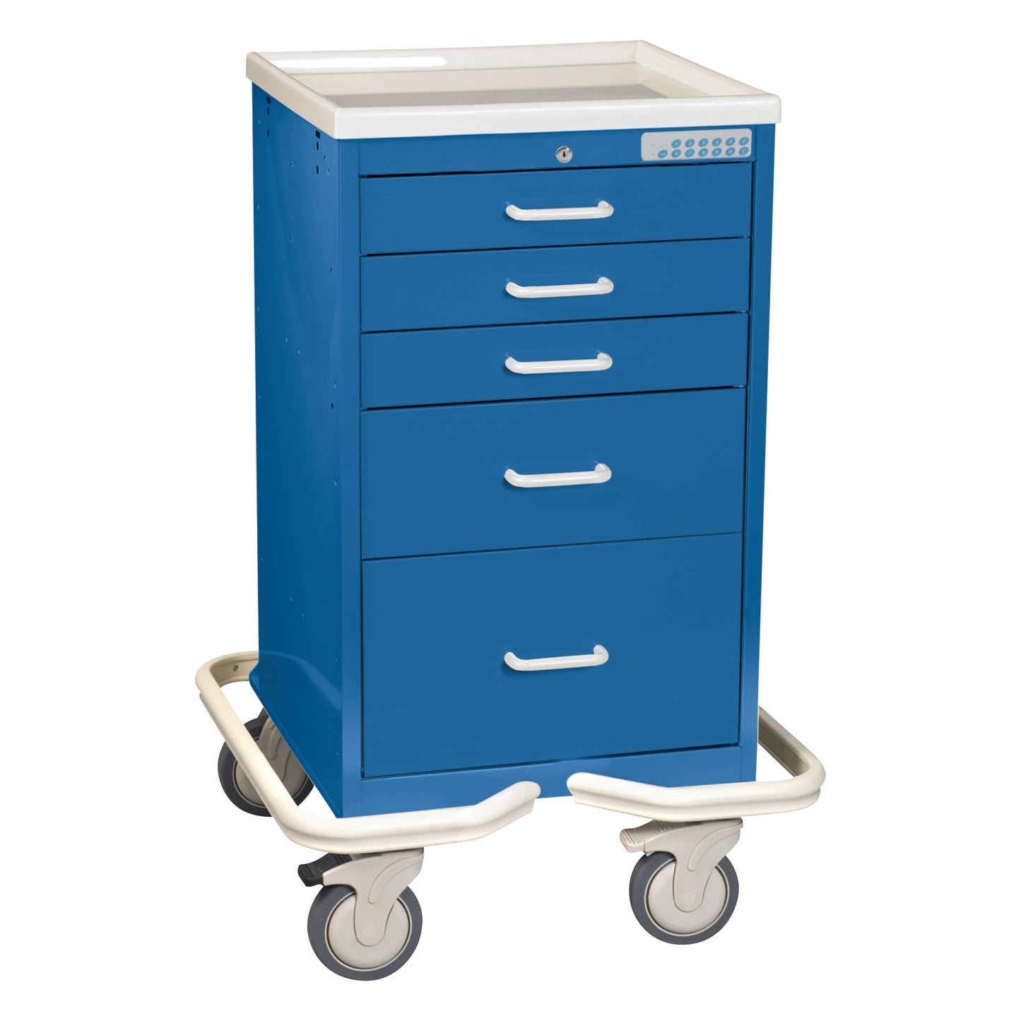 The AliMed Mini Series 5-Drawer Anesthesia/Procedure Tower Cart with Electronic Lock is blue with five drawers and four caster wheels.