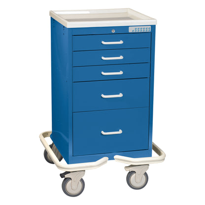 The AliMed Mini Series 5-Drawer Anesthesia/Procedure Tower Cart with Electronic Lock is blue with five drawers and four caster wheels.