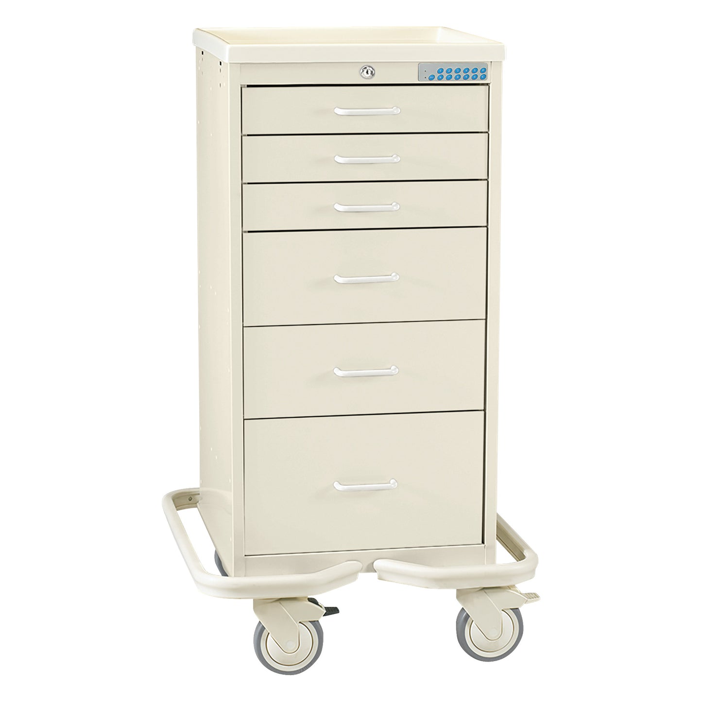AliMed Mini Series 6-Drawer Anesthesia/Procedure Tower Cart with Electronic Lock, shown with caster wheels and a beige finish.